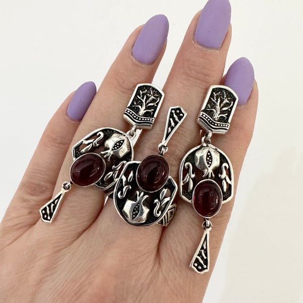 Ethnic statement jewelry set Boho chunky drop earrings and ring Sterling Silver unusual long pomegranate earrings Large band ring tree decor