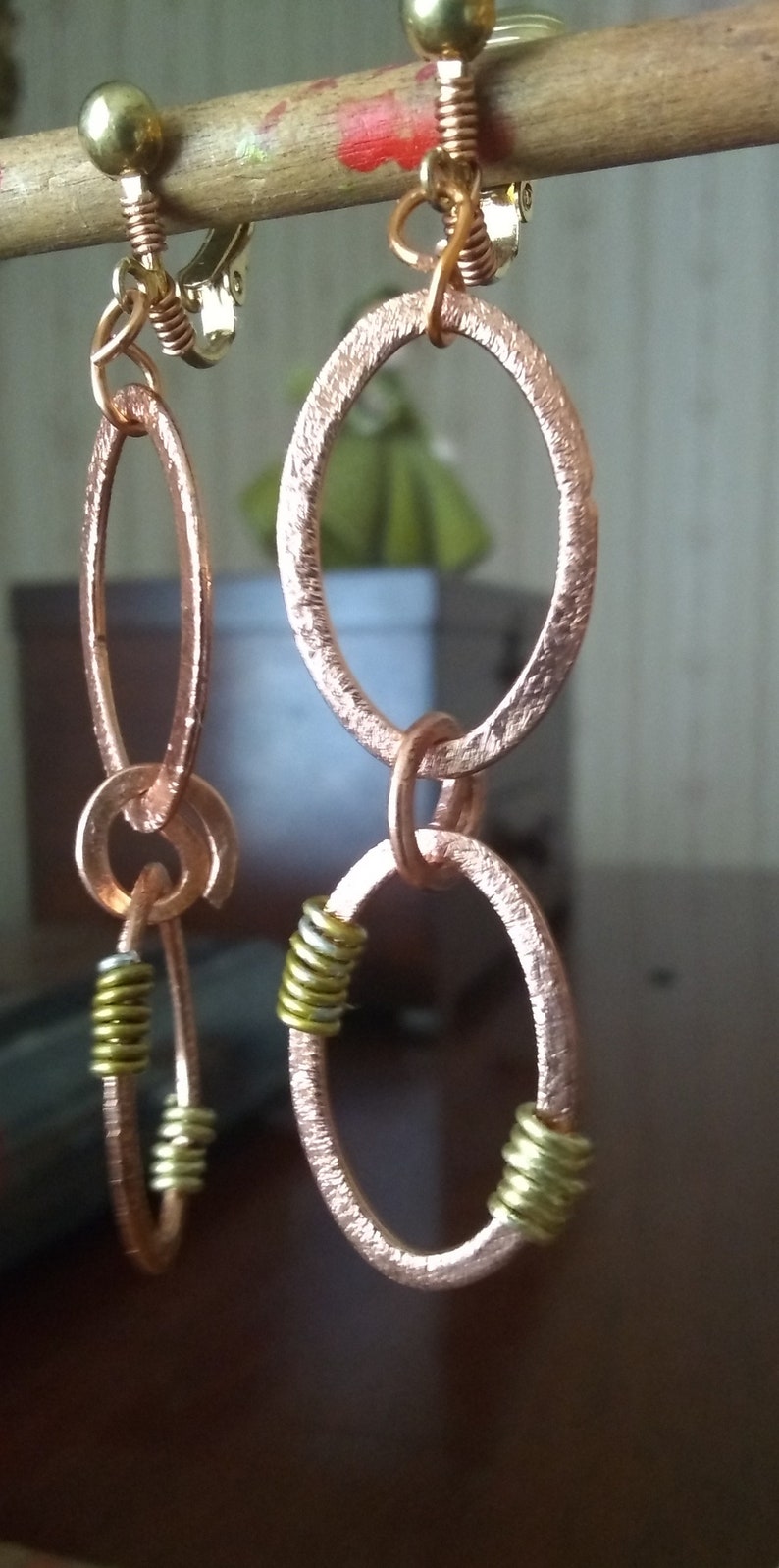 Clip-on Long Dangle Copper and Brass Earrings