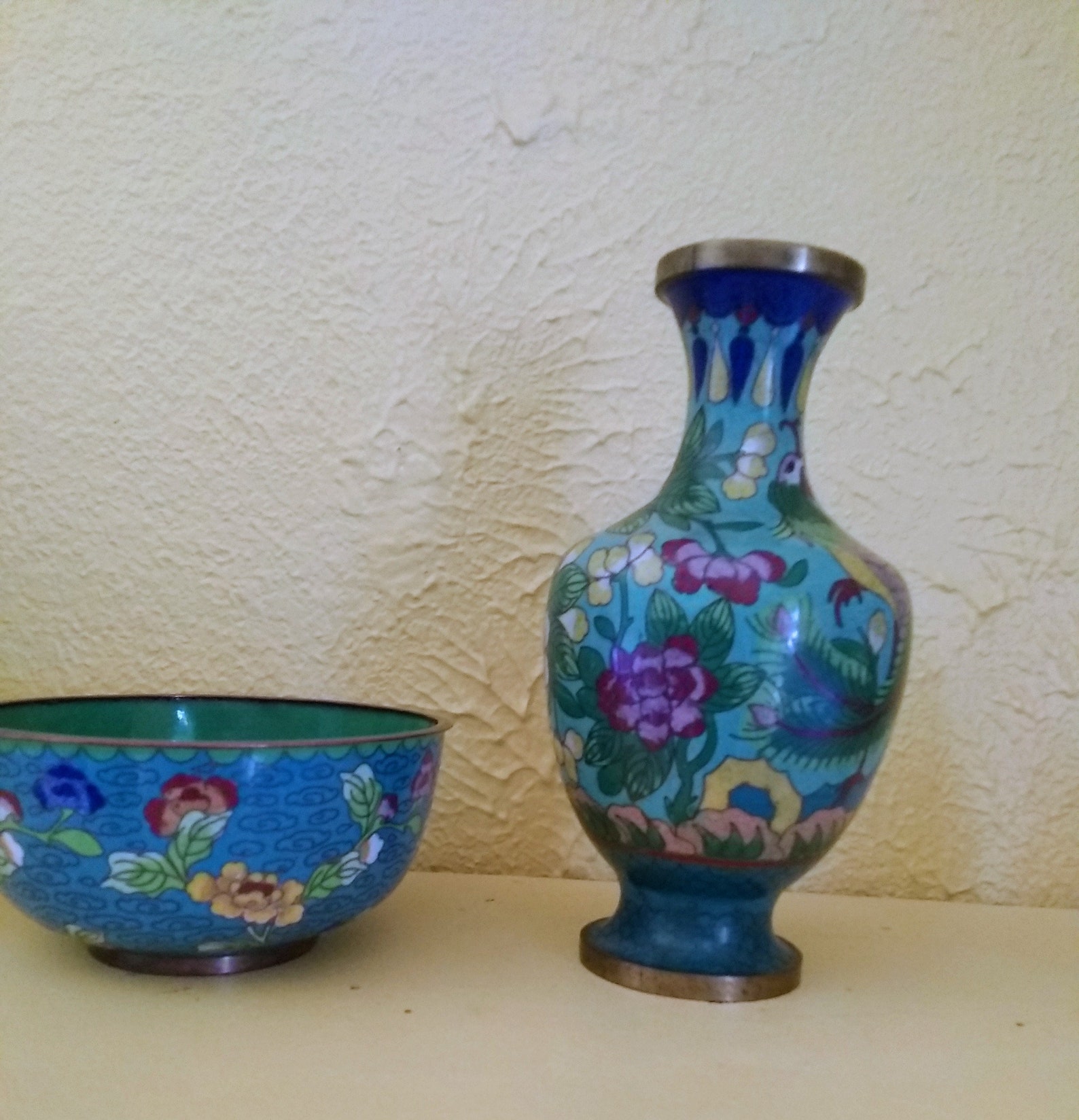 Cloisonne Enameled Brass Peacock Vase and Flower Bowl Etsy