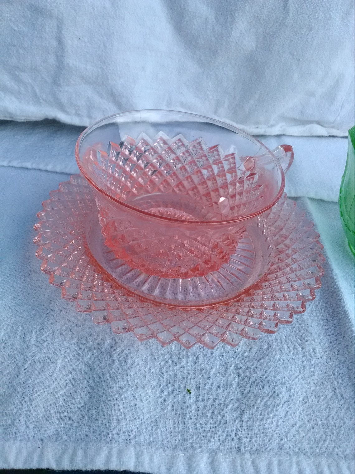 Miss America Pattern Pink Depression 2 Glass Cups and 1 Saucer Etsy