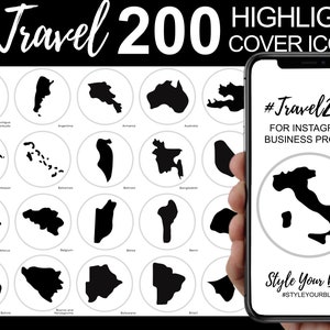 200 Country Outline Maps, Travel Highlight Icons, Instagram Stories Covers für Reiseblog, Solid Black Minimalist, Reisebüroblog