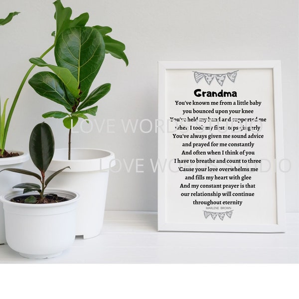 GRANDMA. A Marlene Brown poem. Printable appreciation poem for Nans. Meaningful Gran gift. Memorable present for Grandma.