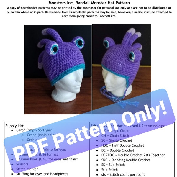 PDF PATTERN monster hat, Randall-inspired wig pattern for sizes 1yr- XL Adult, crochet pattern