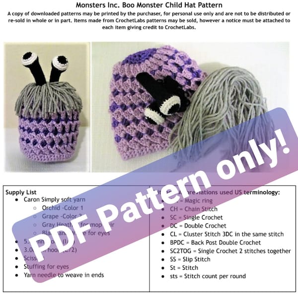 PDF PATTERN monster hat, Boo-inspired wig pattern, crochet pattern, monster hat pattern