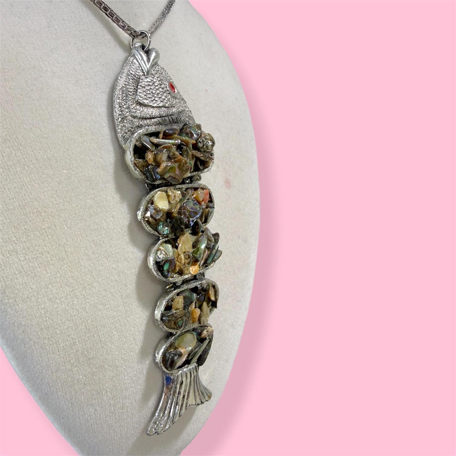 Vintage Articulated Fish Pendant Necklace | Abalone Shell Mosaic ...