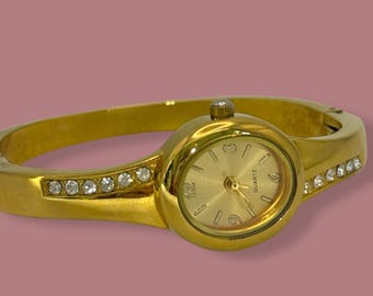 Vintage Gold Tone Bangle Watch with Rhinestones