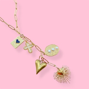 Chunky Gold Heart Cross Charm Necklace, Gift For Her.