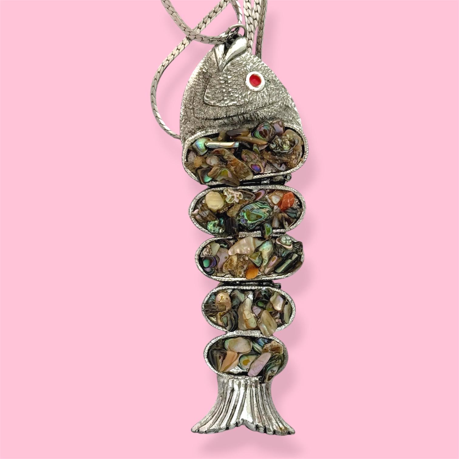 Vintage Articulated Fish Pendant Necklace | Abalone Shell Mosaic ...