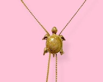 Vintage Turtle Bolo Lariat Necklace Gold Tone Sliding Pendant Dainty Chain 1970s