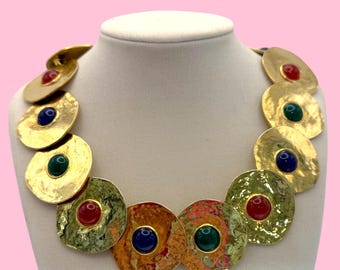 Vintage Les Bernard Hammered Disc Statement Necklace – Multicolor Cabochons – Bold 80s Artwear