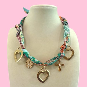 Colorful Pink  Bandana Scarf Charm Cross Heart  Necklace