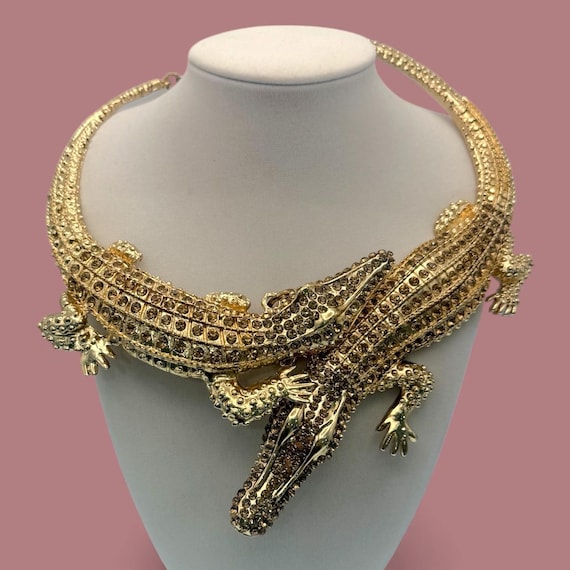 Gold Alligator Statement Necklace – Bold Crystal-… - image 1