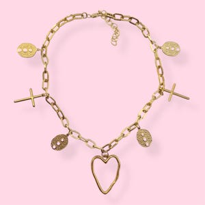 Chunky Gold Heart Cross Charm Necklace, Gift For Her.