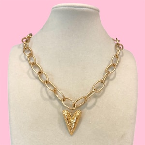 Chunky Gold Heart Charm Necklace, Gift For Her.