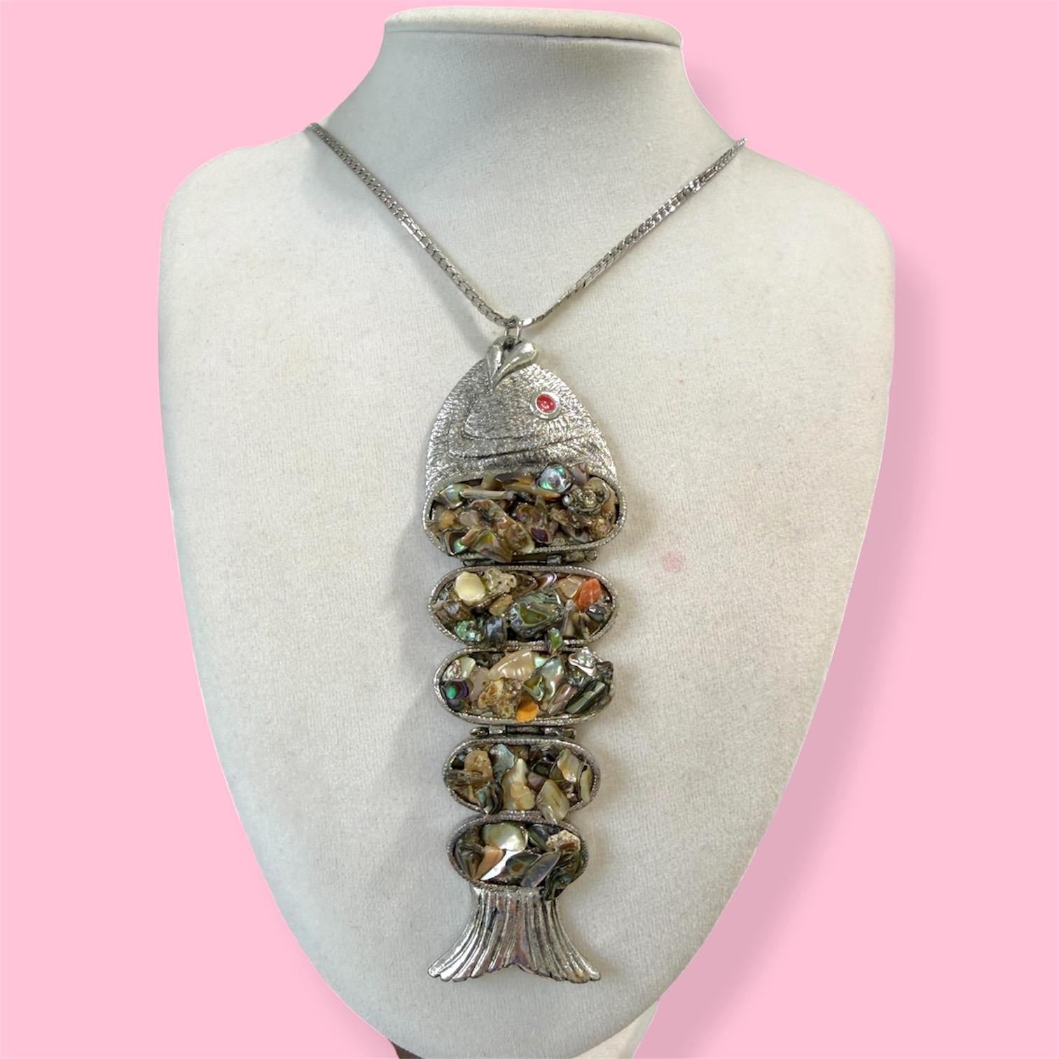 Vintage Articulated Fish Pendant Necklace | Abalone Shell Mosaic ...