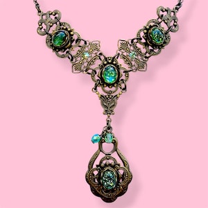 Vintage Art Nouveau Revival Necklace Green Foiled Glass Statement Drop Filigree Brass Antique Style