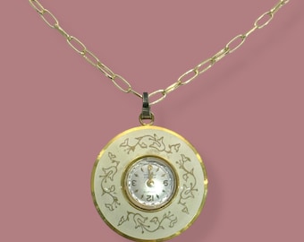 Vintage Wind-Up Pendant Watch Necklace | Floral Etched Disc | Gold-Tone | Modern Chain Update