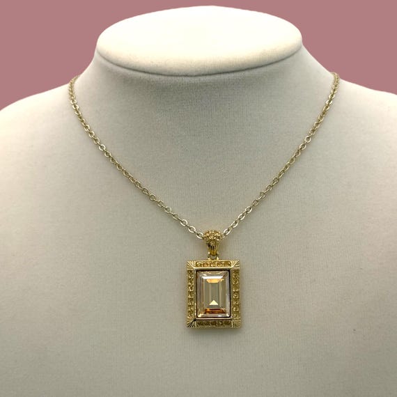 Vintage Givenchy Gold Rectangular Crystal Pendant… - image 1