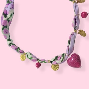 Colorful Silk Scarf Heart Vintage Charm Necklace