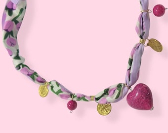 Colorful Silk Scarf Heart Vintage Charm Necklace