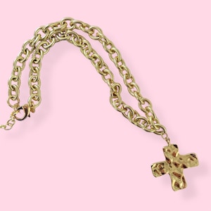 Chunky Gold Cross Charm Necklace, Gift For Her.