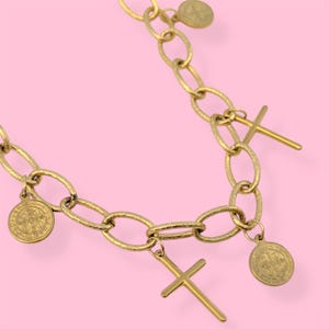 Chunky Gold Cross Coin Charm Necklace, Gift For Her.