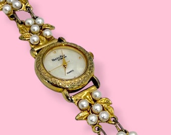 Vintage Vanity Fair Pearl Bracelet Watch – Gold Tone Floral Design