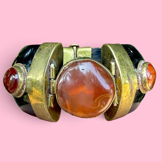 Vintage Horn And Carnelian Brass Cuff Bracelet