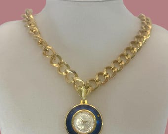 Vintage Mechanical Pendant Watch Necklace | Wind-Up | Gold-Tone Braided Chain | Retro Statement Piece