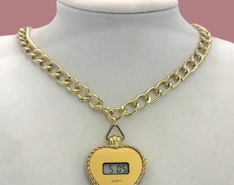 Vintage Wind-Up Pendant Watch Necklace | Floral Etched Disc | Gold-Tone | Modern Chain Update