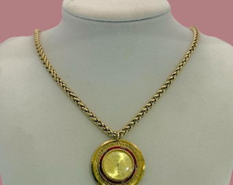 Vintage Mechanical Pendant Watch Necklace | Wind-Up | Gold-Tone Braided Chain | Retro Statement Piece