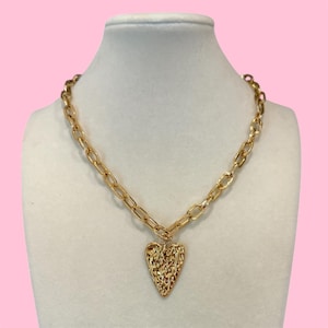 Chunky Gold Heart Charm Necklace, Gift For Her.