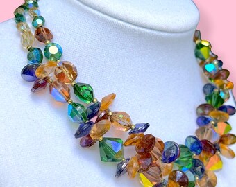 Collar llamativo vintage con cuentas de cristal de colores verde, ámbar y azul Aurora Boreal