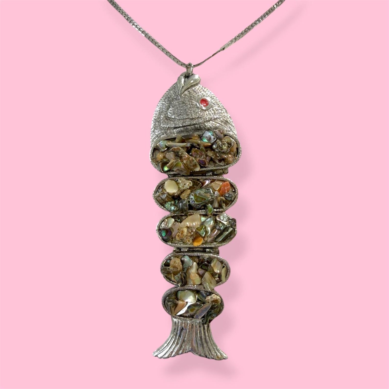 Vintage Articulated Fish Pendant Necklace | Abalone Shell Mosaic ...