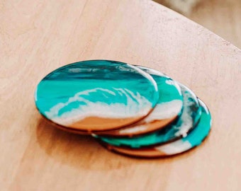 Custom Coasters, Coastal Resin Coaster Set, Ocean Wave Beach Art Housewarming Gift