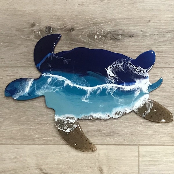 Handcrafted Sea Turtle Resin Art, Ocean Wave Bathroom Decor, Coastal Wall Hanging