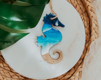 Seahorse Christmas Ornament, Resin Wood, Beach Sand, 4 Inch