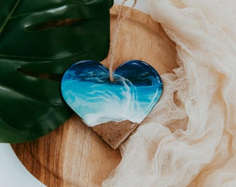 Heart Christmas Ornament, Resin Wood, Beach Sand, 4 Inch