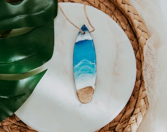 Surfboard Christmas Ornament, Resin Wood, Beach Sand, 4 Inch