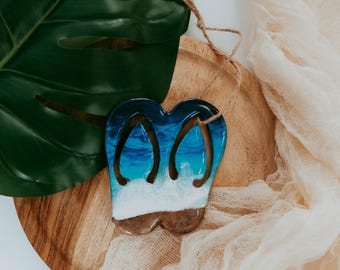 Flip Flop Christmas Ornament, Resin Wood, Beach Sand, 4 Inch
