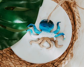 Octopus Christmas Ornament, Resin Wood, Beach Sand, 4 Inch