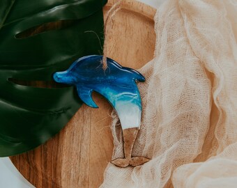 Dolphin Christmas Ornament, Resin Wood, Beach Sand, 4 Inch