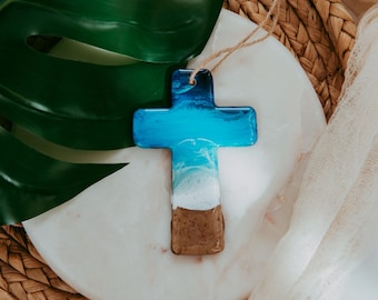 Cross Christmas Ornament, Resin Wood, Beach Sand, 4 Inch