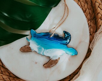 Sea Turtle Christmas Ornament, Resin Wood, Beach Sand