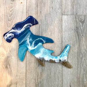 Harsmuurkunstwerk hamerhaai strand, decor blauwe oceaangolf