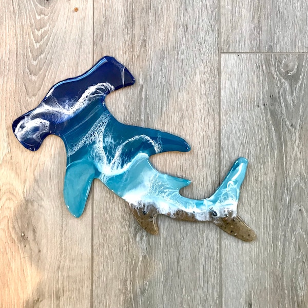 Harsmuurkunstwerk hamerhaai strand, decor blauwe oceaangolf