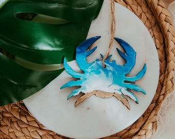 Blue Crab Christmas Ornament, Resin Wood, Beach Sand, 4 Inch