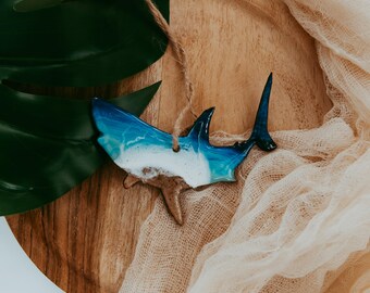 White Shark Ornament, Resin Wood Beach Sand, Coastal Christmas Tree Decoration