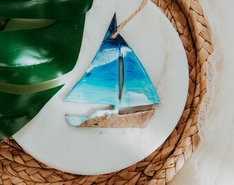 Sailboat Christmas Ornament, Resin Wood, Beach Sand, 4 Inch