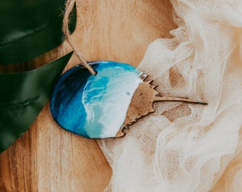 Horseshoe Crab Christmas Ornament, Resin Wood, Beach Sand